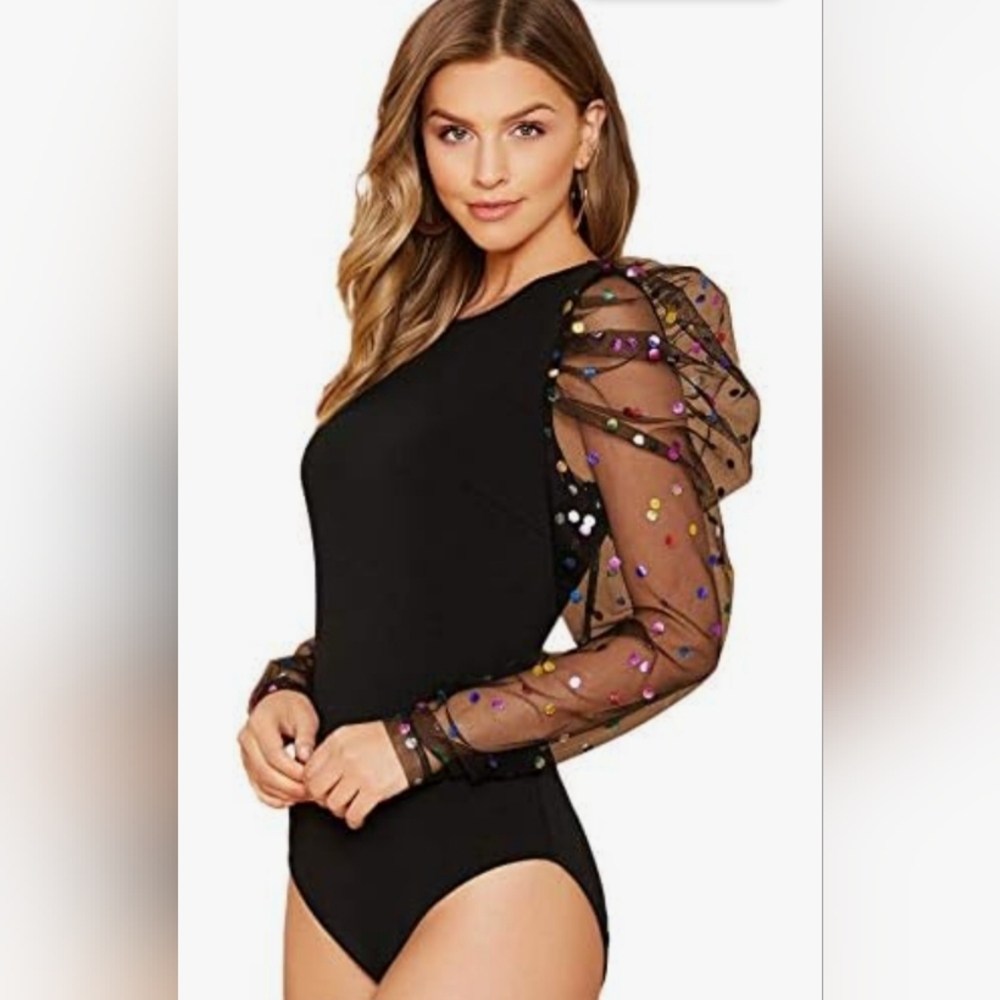WDIRARA Women's Polka Dots Sheer Long Sleeve Bodysuit